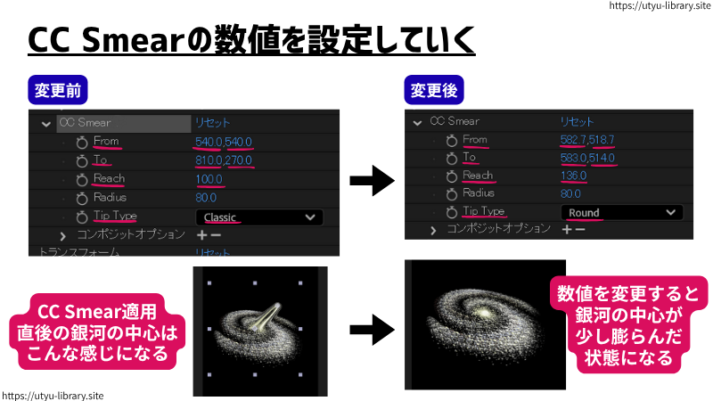 最後に、CC Smearの数値を設定していきます。
Fromを582.7,518.7
Toを583.0,514.0
Reachを136.0
Tip TypeをRoundにそれぞれ変更します。
そうすると、銀河の中心部分が少し膨らんだ状態になります。
銀河中心部を膨らませることで、立体感が出ます。
※中心部の周りにある星の部分も一緒に膨らんでしまうと、形がゆがみ、違和感が出てしまうので、中心部分がピンポイントで膨らむように調整します。