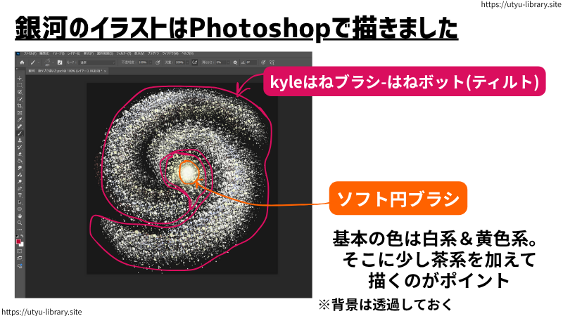 銀河のイラストはPhotoshopで描きました。
渦巻き部分▷kyleはねブラシ-はねボット(ティルト)
銀河中心部▷ソフト円ブラシでそれぞれ描いております。
基本の色は白系＆黄色系。そこに少しの茶色を加えて描くのがポイント。
kyleはねブラシの太さを大きめの数値に設定して描くと、銀河のまだら感が出ます。
渦巻きと渦巻きの間に多少なりのすき間を作ることで、銀河を回転させたときにより銀河っぽさが出るのでオススメです。